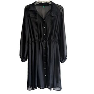 BENETTON Black Semi Sheer‎ Long Sleeve Unlined Button Front Dress Women's Large
